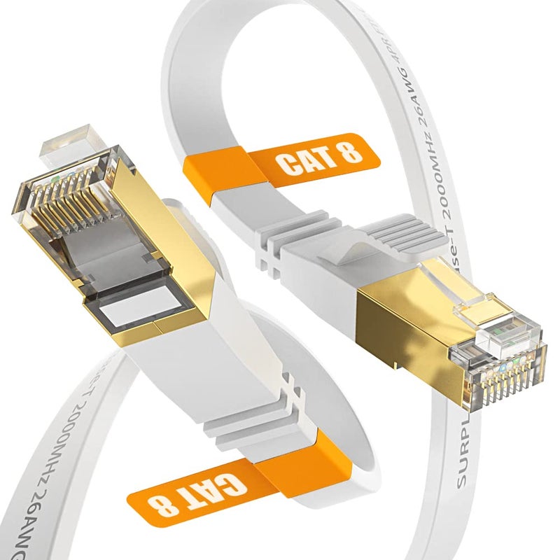 Surplay Cat8 Ethernet Cable 6FT-White-40Gbps,High Speed Flat Patch Cord,Gold-Plated RJ45 Double Shielded with Ground Wire Cat 8 LAN Line for PS5/4,Xbox,Hub,Router,PC,NAS - Image 1
